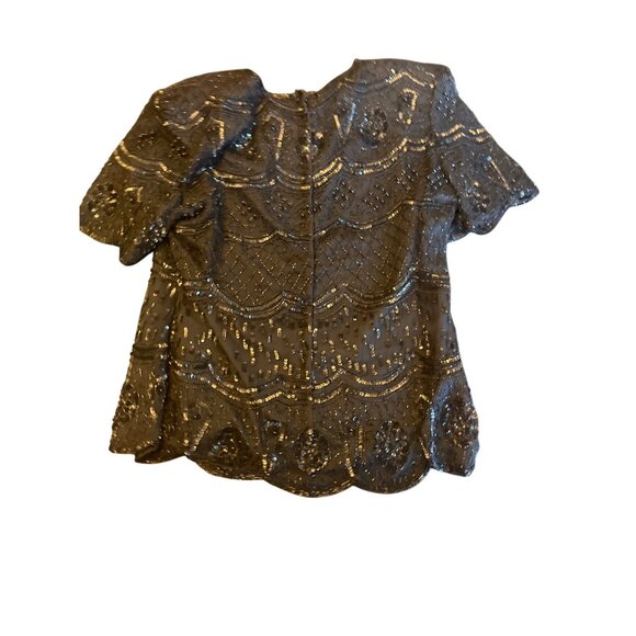 Pisces Black Beaded Silk Sequin Evening Top Large Formal Vintage Design - Picture 6 of 6